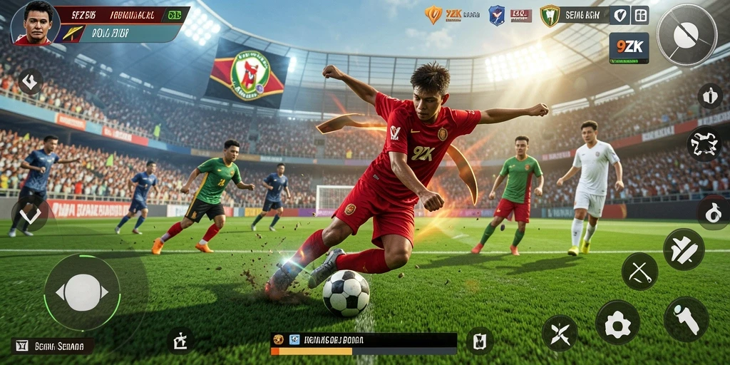 Screenshot utama 9ZK menunjukkan aksi pertandingan sepak bola yang seru.