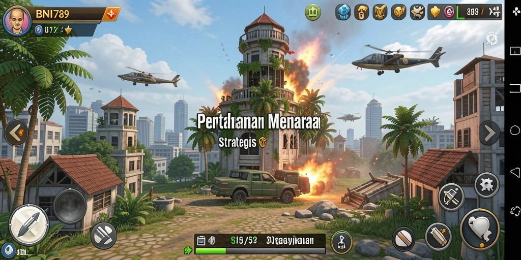 Screenshot BNI789 menampilkan aksi seru dalam pertahanan menara.