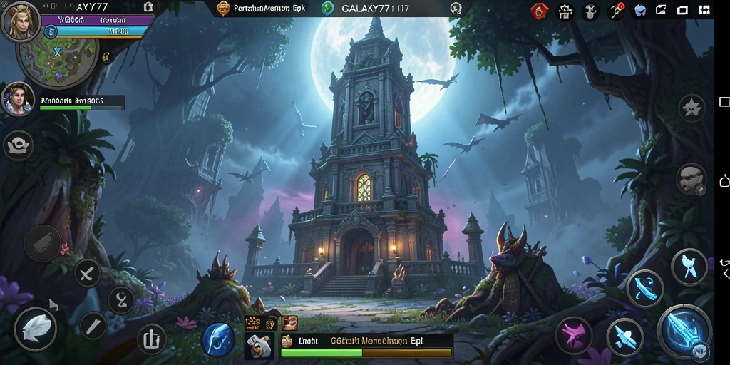 Tangkapan layar gameplay GALAXY77 menampilkan menara pertahanan yang megah di luar angkasa.