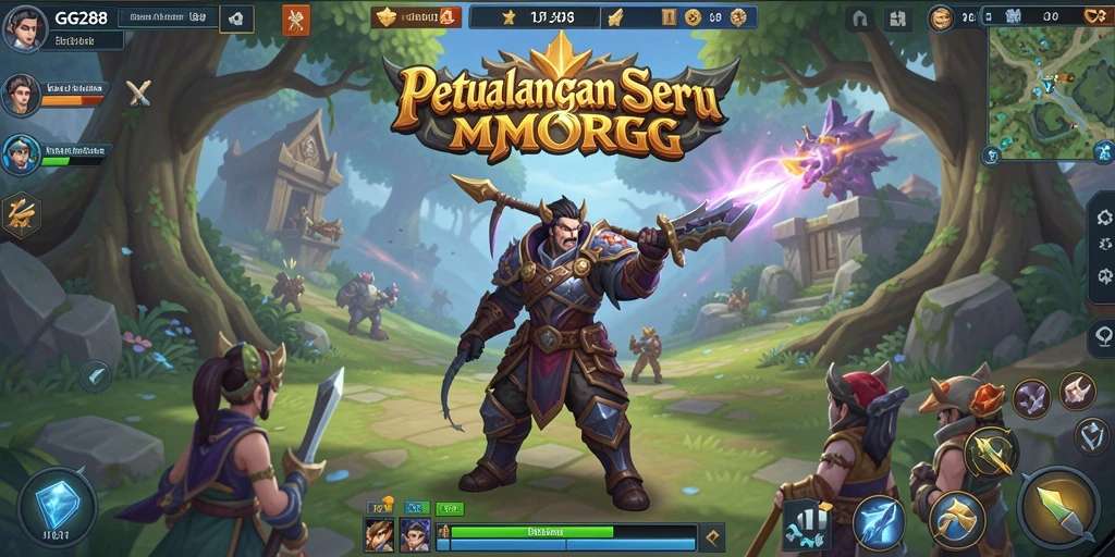 Tampilan seru dari gameplay MMORPG GG288 yang menampilkan pertarungan heroik.