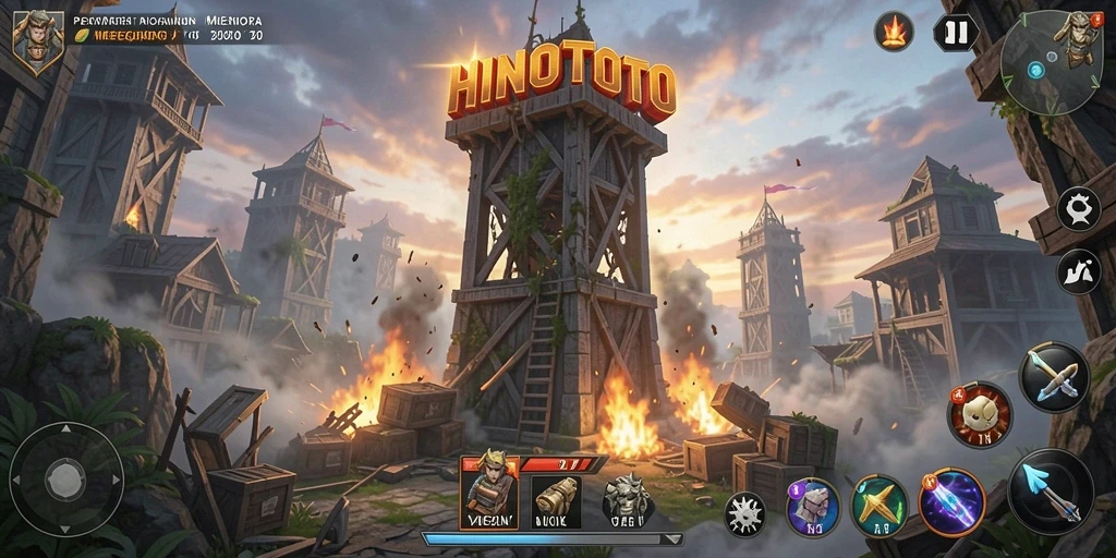 Tampilan gameplay HINOTOTO menampilkan pertarungan menara yang intens dan strategis.