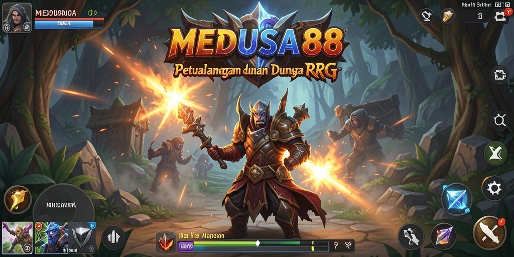 Tampilan menyenangkan gameplay RPG MEDUSA88 dengan karakter dan monster.