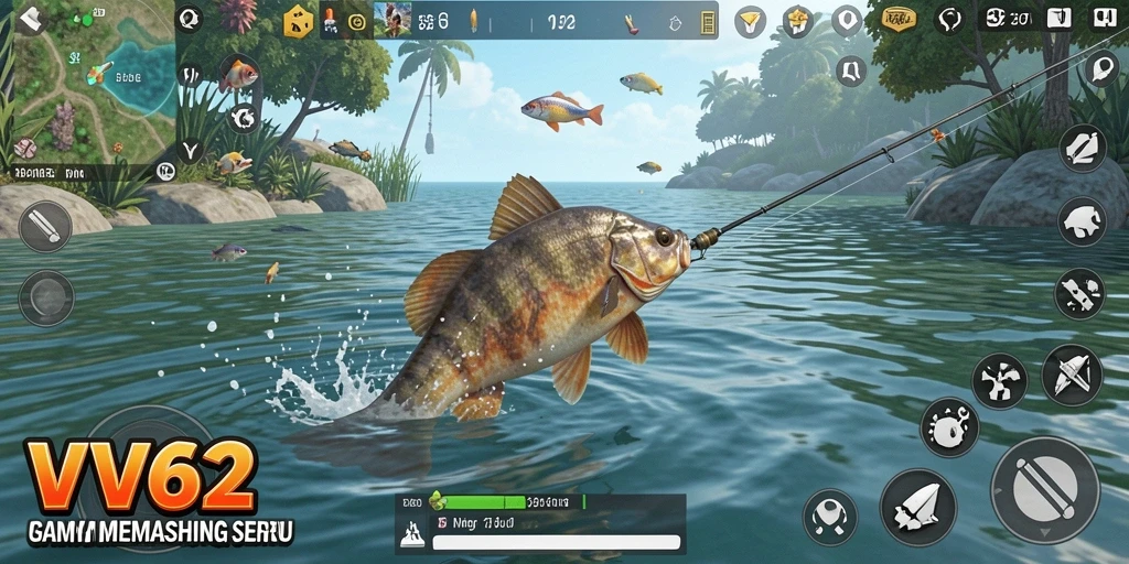 Tampilan gameplay memancing di VV62 yang mengasyikkan dan penuh warna.